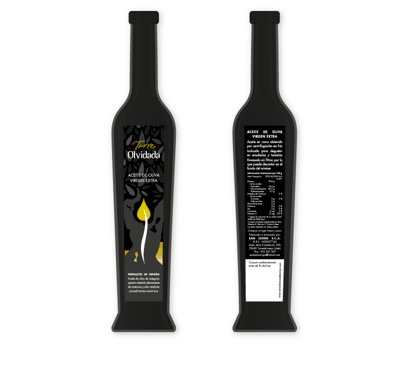 Diseño de etiqueta y contraetiqueta troncocónica para botella de AOVE (Aceite de Oliva Virgen Extra) de calidad premium de la marca Torre Olvidada de la S.C.A. San Isidro