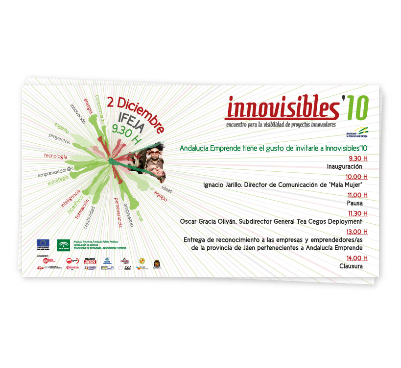 Diseño de invitación para el Encuentro de Proyectos Innovadores que cada año se celebra en la provincia de Jaén, Innovisibles 2010 y organizado por el Centro de Apoyo al Desarrollo Empresarial (CADE)